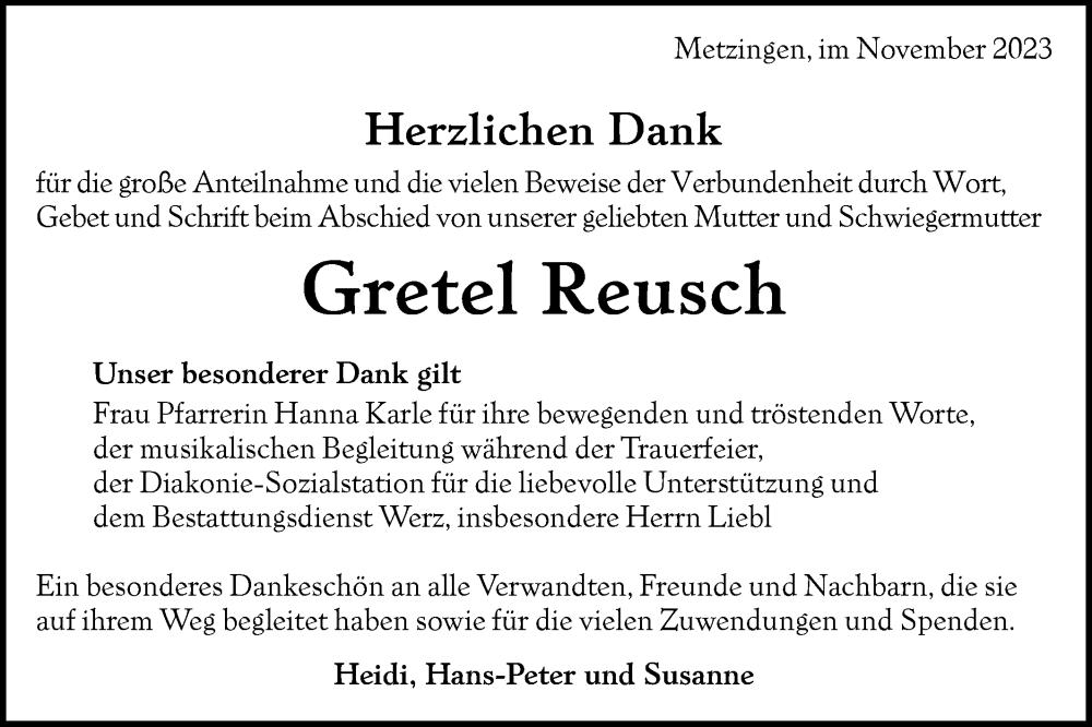  Traueranzeige für Gretel Reusch vom 25.11.2023 aus SÜDWEST PRESSE/SÜDWEST PRESSE