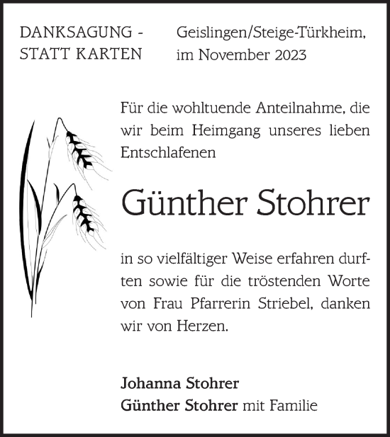 Traueranzeige von Günther Stohrer von Geislinger Zeitung