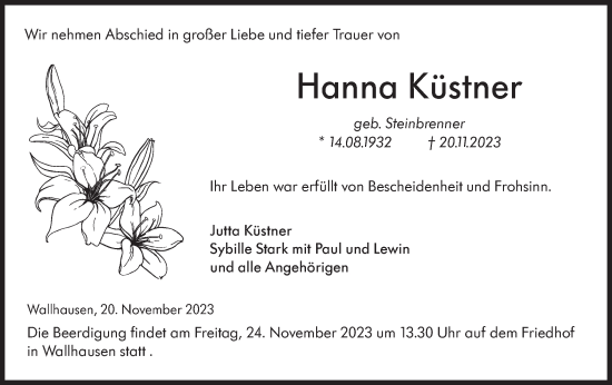 Traueranzeige von Hanna Küstner von Hohenloher Tagblatt