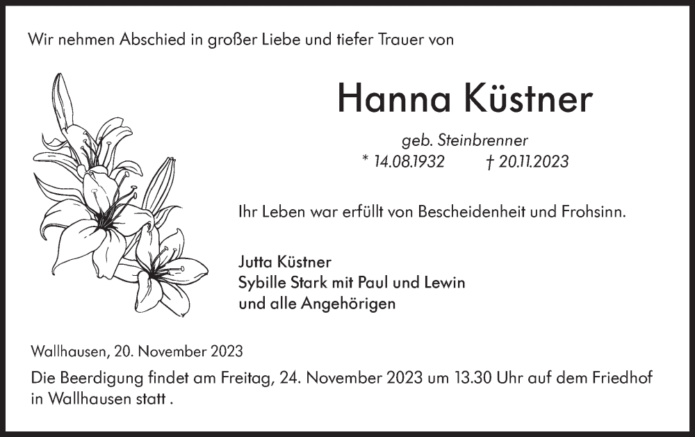  Traueranzeige für Hanna Küstner vom 22.11.2023 aus Hohenloher Tagblatt
