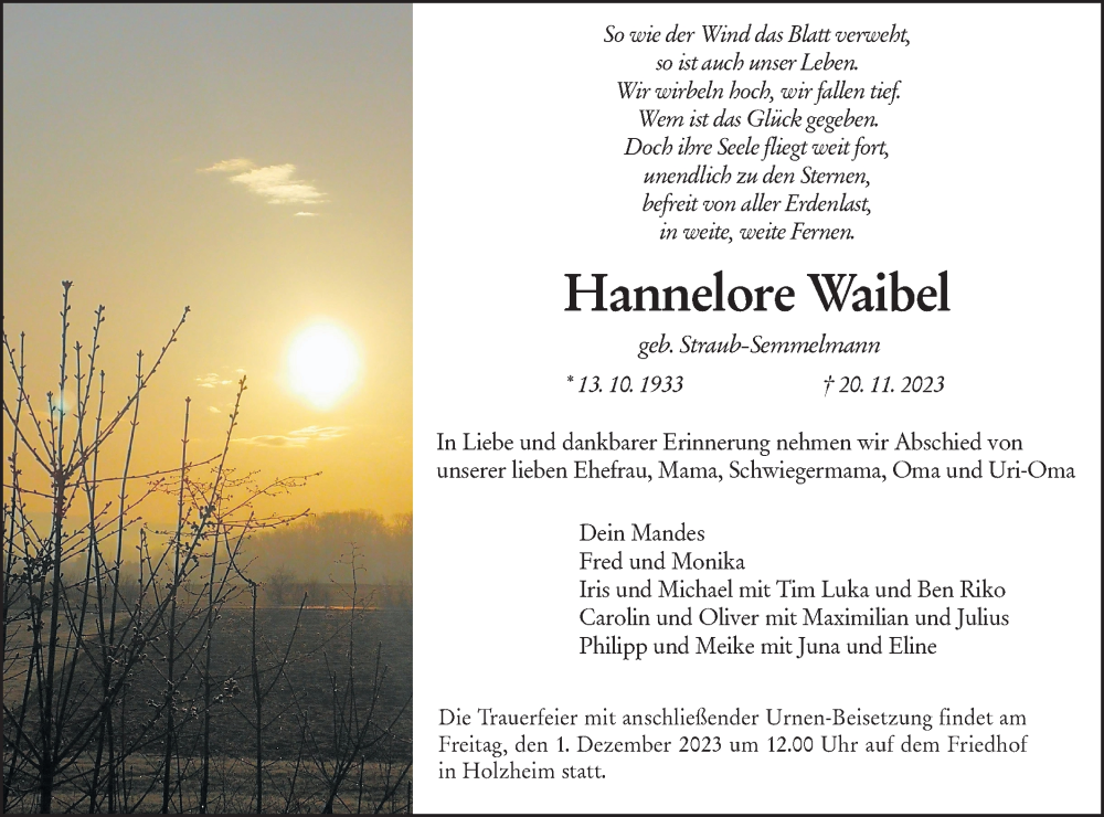  Traueranzeige für Hannelore Waibel vom 25.11.2023 aus NWZ Neue Württembergische Zeitung