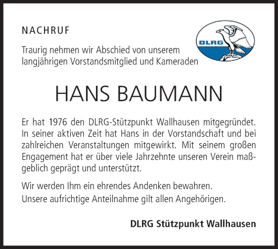 Traueranzeige von Hans Baumann von Hohenloher Tagblatt