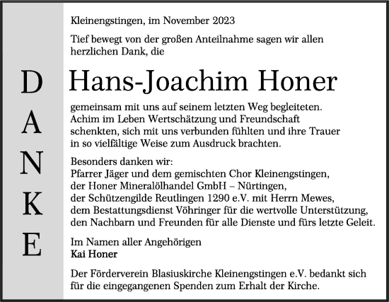 Traueranzeige von Hans-Joachim Honer von Alb-Bote/Metzinger-Uracher Volksblatt