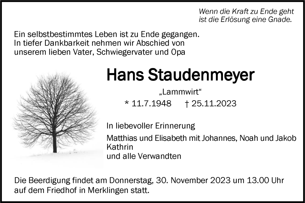  Traueranzeige für Hans Staudenmeyer vom 28.11.2023 aus SÜDWEST PRESSE Ausgabe Ulm/Neu-Ulm