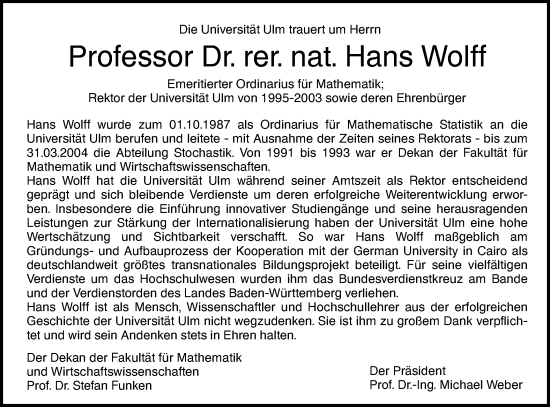 Traueranzeige von Hans Wolff von SÜDWEST PRESSE Ausgabe Ulm/Neu-Ulm