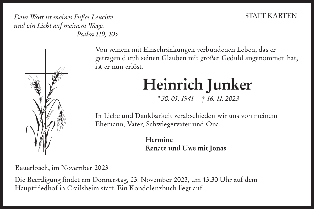  Traueranzeige für Heinrich Junker vom 20.11.2023 aus Hohenloher Tagblatt
