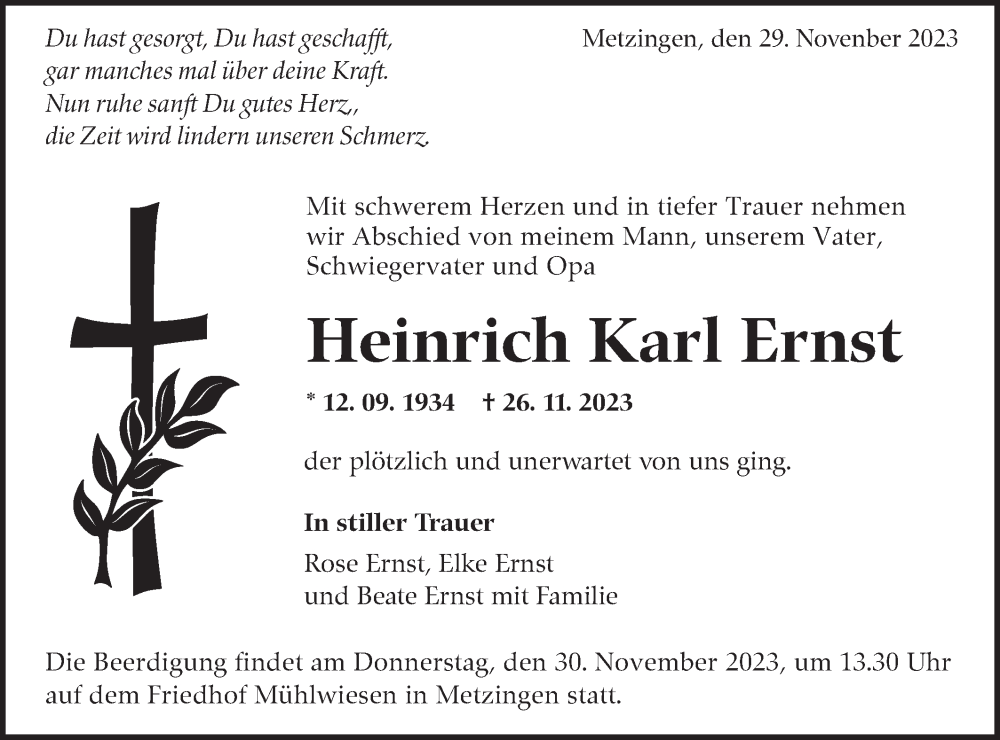  Traueranzeige für Heinrich Karl Ernst vom 29.11.2023 aus SÜDWEST PRESSE/SÜDWEST PRESSE