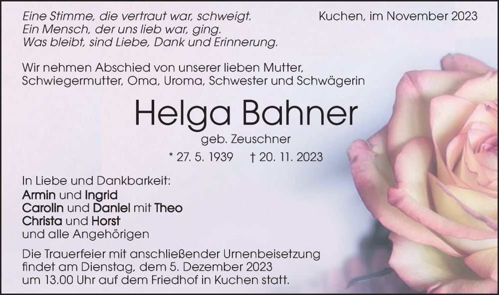  Traueranzeige für Helga Bahner vom 29.11.2023 aus Geislinger Zeitung