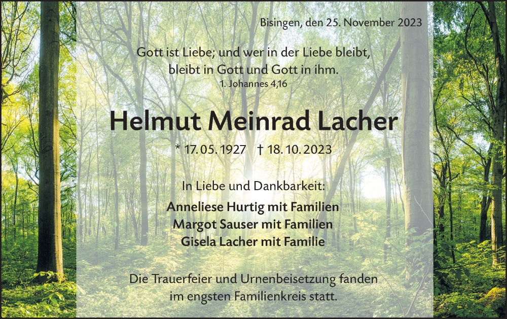  Traueranzeige für Helmut Meinrad Lacher vom 25.11.2023 aus Hohenzollerische Zeitung
