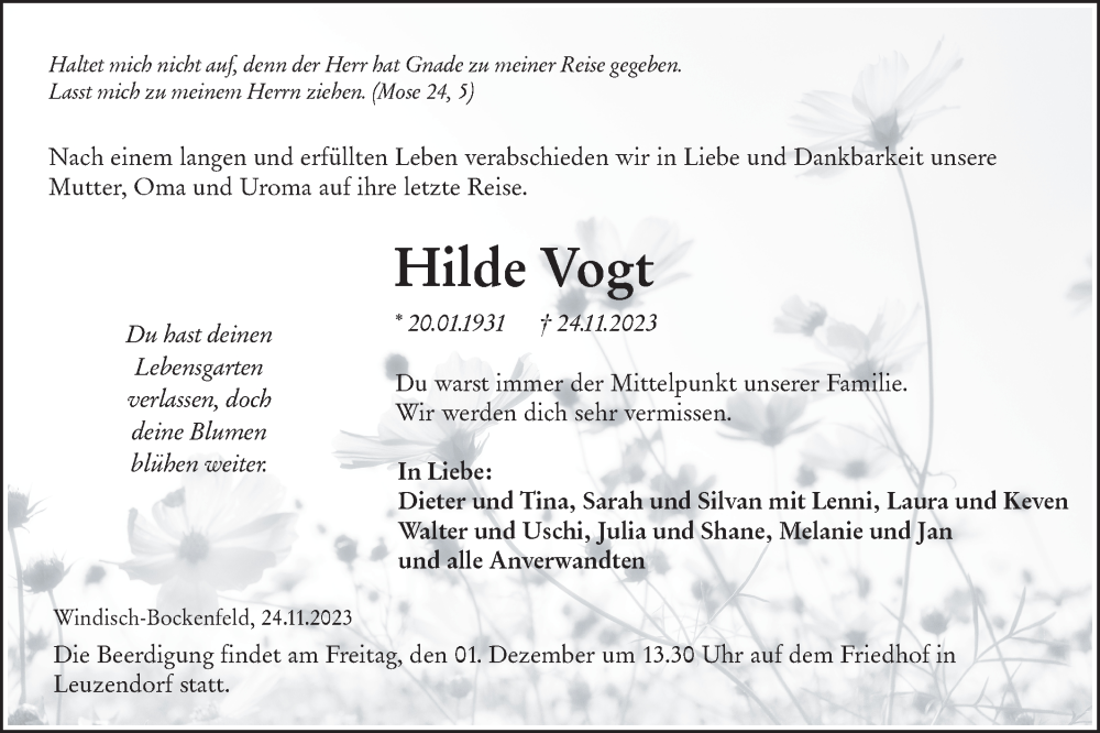  Traueranzeige für Hilde Vogt vom 28.11.2023 aus Hohenloher Tagblatt
