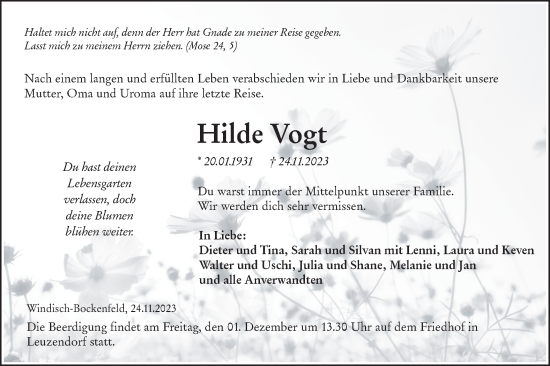Traueranzeige von Hilde Vogt von Hohenloher Tagblatt