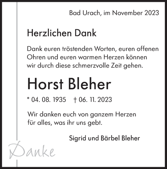 Traueranzeige von Horst Bleher von SÜDWEST PRESSE/SÜDWEST PRESSE