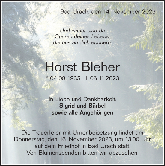 Traueranzeige von Horst Bleher von SÜDWEST PRESSE/SÜDWEST PRESSE
