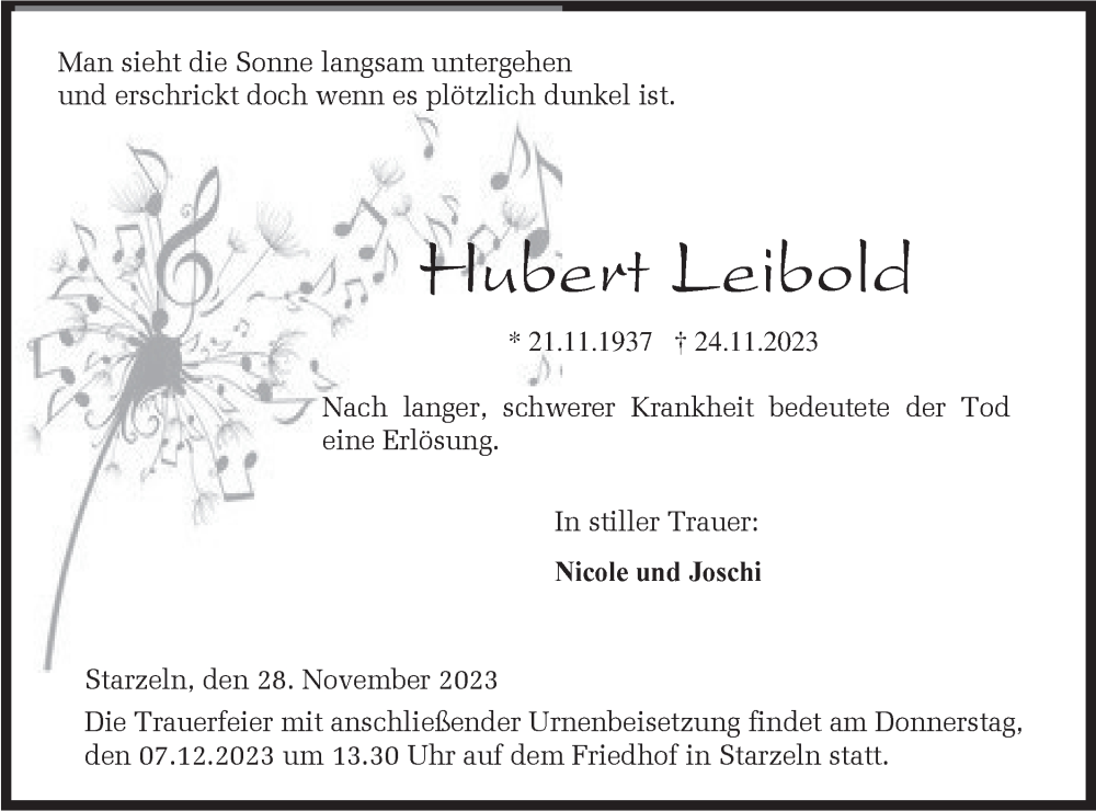  Traueranzeige für Hubert Leibold vom 28.11.2023 aus Hohenzollerische Zeitung
