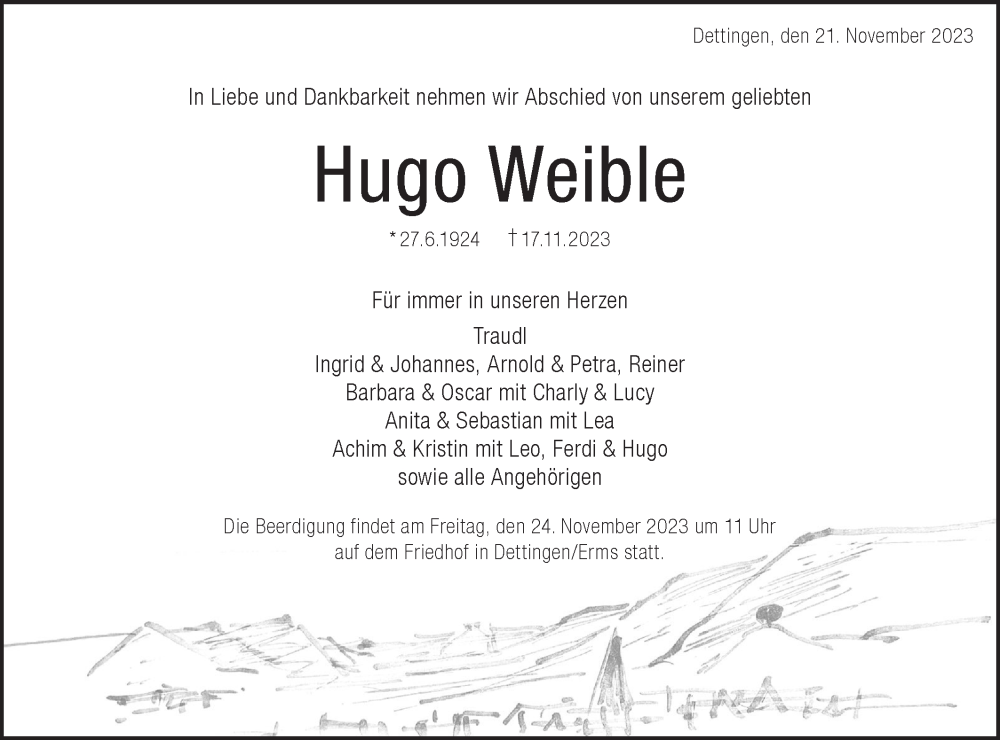  Traueranzeige für Hugo Weible vom 21.11.2023 aus SÜDWEST PRESSE/SÜDWEST PRESSE
