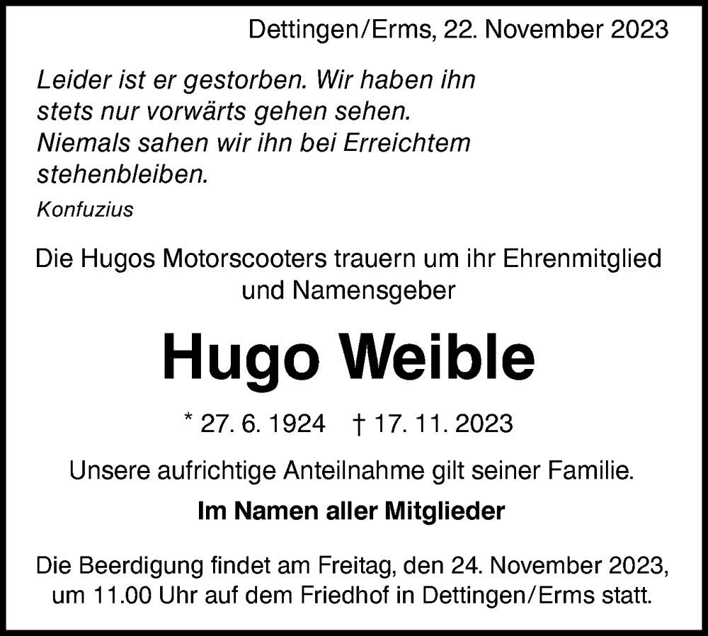  Traueranzeige für Hugo Weible vom 22.11.2023 aus Alb-Bote/Metzinger-Uracher Volksblatt