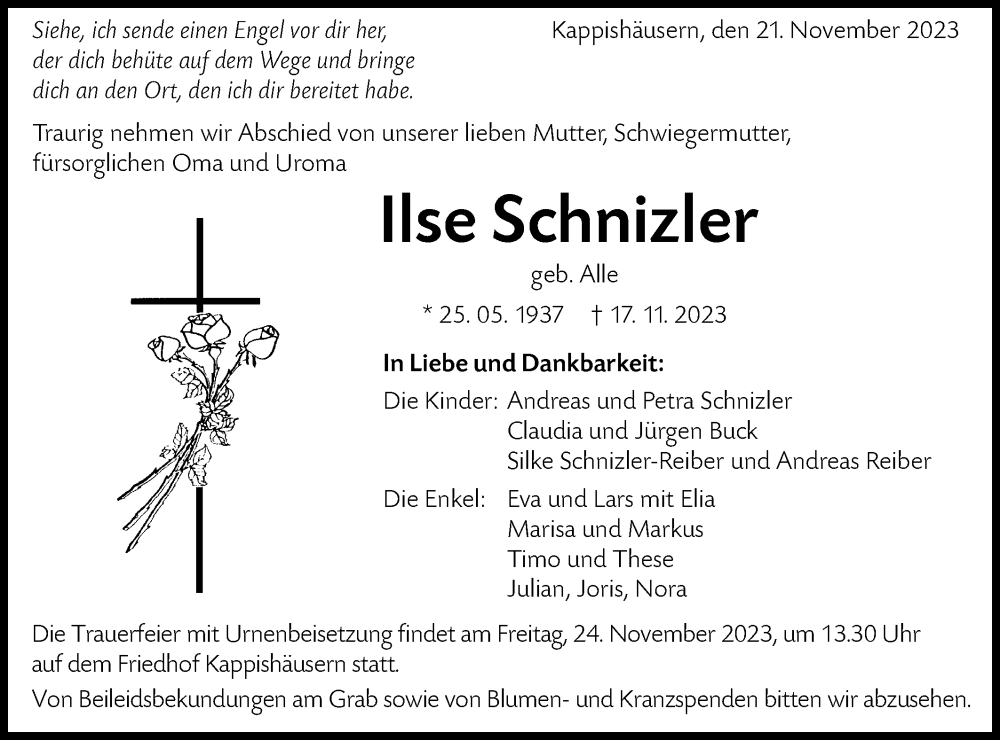  Traueranzeige für Ilse Schnizler vom 21.11.2023 aus SÜDWEST PRESSE/SÜDWEST PRESSE