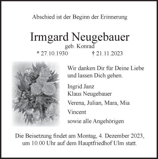 Traueranzeige von Irmgard Neugebauer von SÜDWEST PRESSE Ausgabe Ulm/Neu-Ulm
