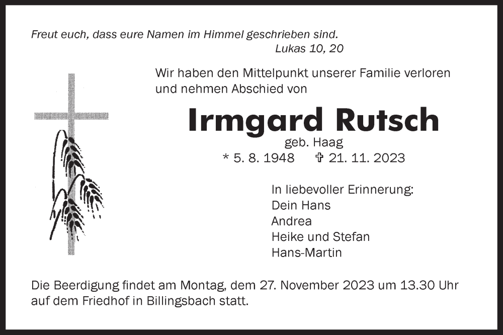  Traueranzeige für Irmgard Rutsch vom 25.11.2023 aus Hohenloher Tagblatt