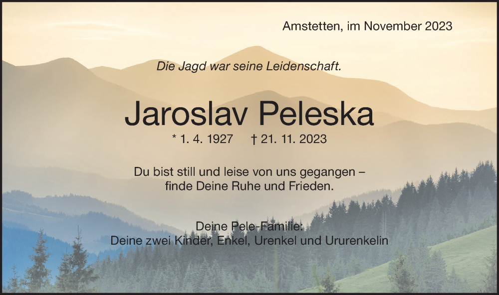  Traueranzeige für Jaroslav Peleska vom 25.11.2023 aus Geislinger Zeitung