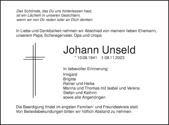 Traueranzeige von Johann Unseld von SÜDWEST PRESSE Ausgabe Ulm/Neu-Ulm