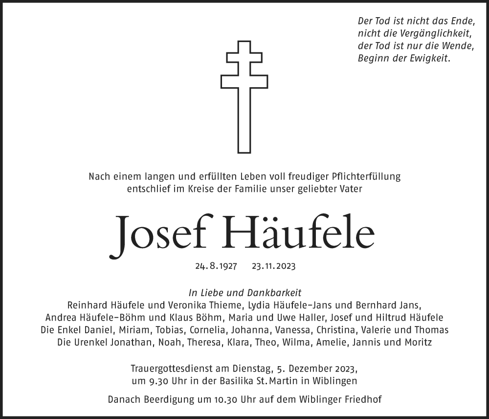  Traueranzeige für Josef Häufele vom 28.11.2023 aus SÜDWEST PRESSE Ausgabe Ulm/Neu-Ulm
