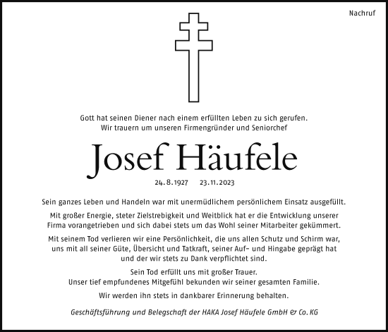 Traueranzeige von Josef Häufele von SÜDWEST PRESSE Ausgabe Ulm/Neu-Ulm