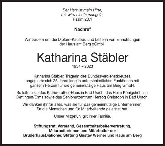 Traueranzeige von Katharina Stäbler von SÜDWEST PRESSE/SÜDWEST PRESSE