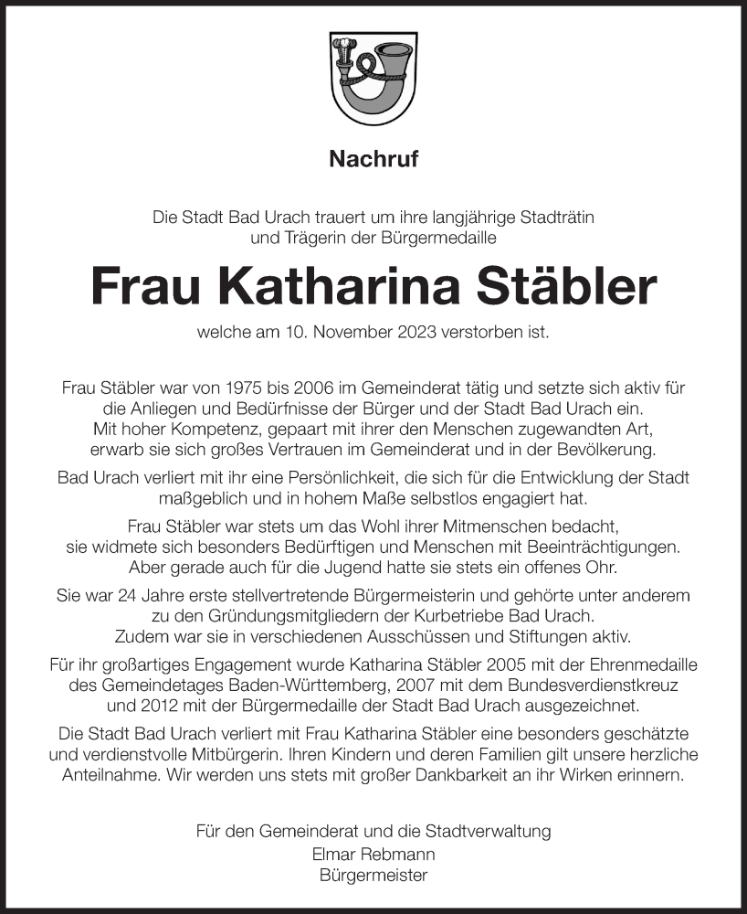  Traueranzeige für Katharina Stäbler vom 15.11.2023 aus SÜDWEST PRESSE/SÜDWEST PRESSE