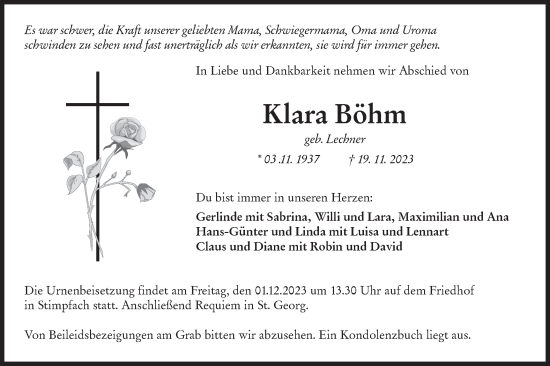 Traueranzeige von Klara Böhm von Hohenloher Tagblatt