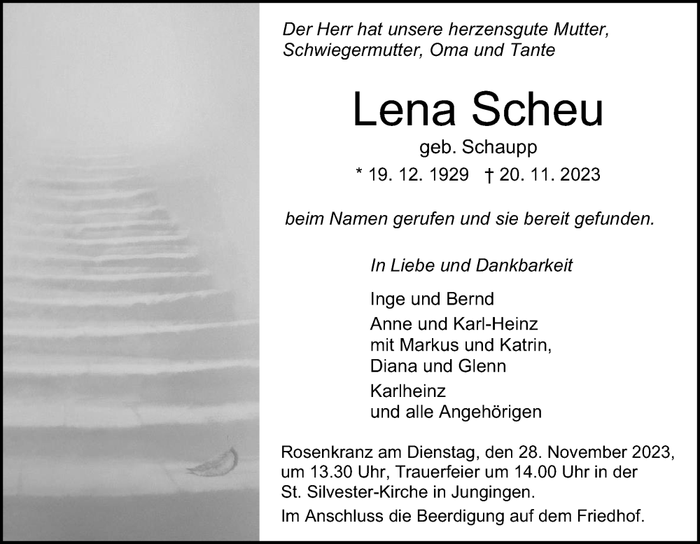  Traueranzeige für Lena Scheu vom 24.11.2023 aus Hohenzollerische Zeitung