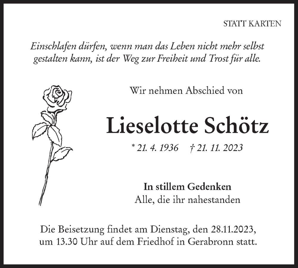  Traueranzeige für Lieselotte Schötz vom 25.11.2023 aus Hohenloher Tagblatt