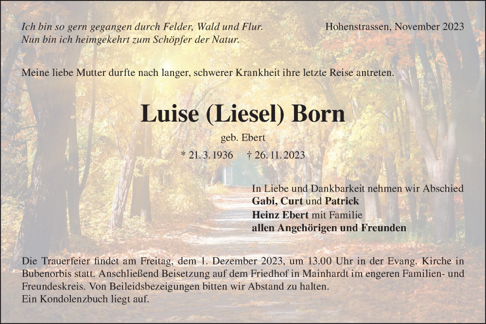  Traueranzeige für Luise  Born vom 29.11.2023 aus Haller Tagblatt