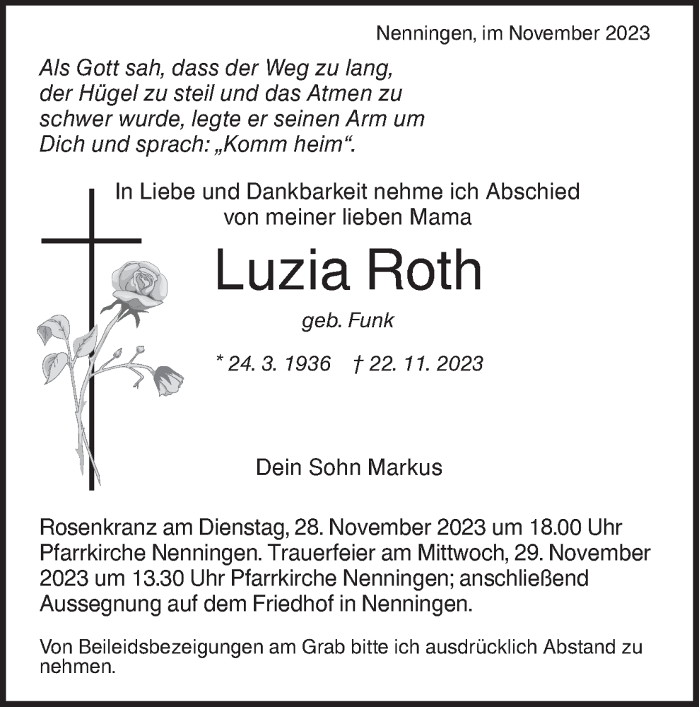  Traueranzeige für Luzia Roth vom 25.11.2023 aus NWZ Neue Württembergische Zeitung