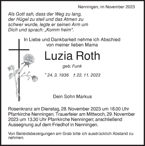 Traueranzeige von Luzia Roth von NWZ Neue Württembergische Zeitung
