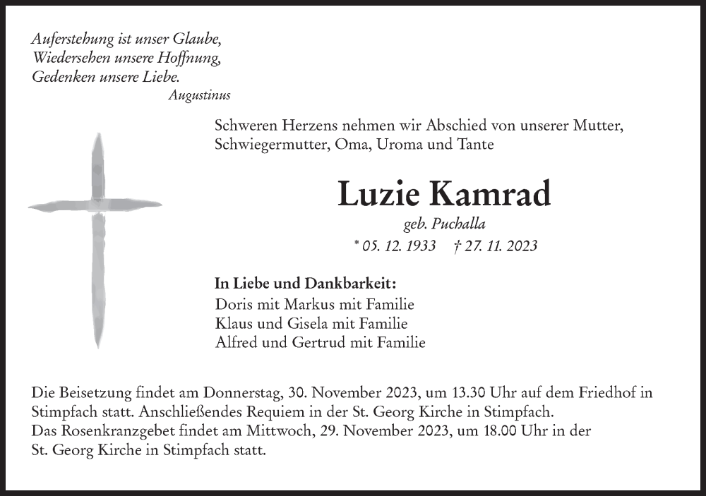  Traueranzeige für Luzie Kamrad vom 29.11.2023 aus Hohenloher Tagblatt