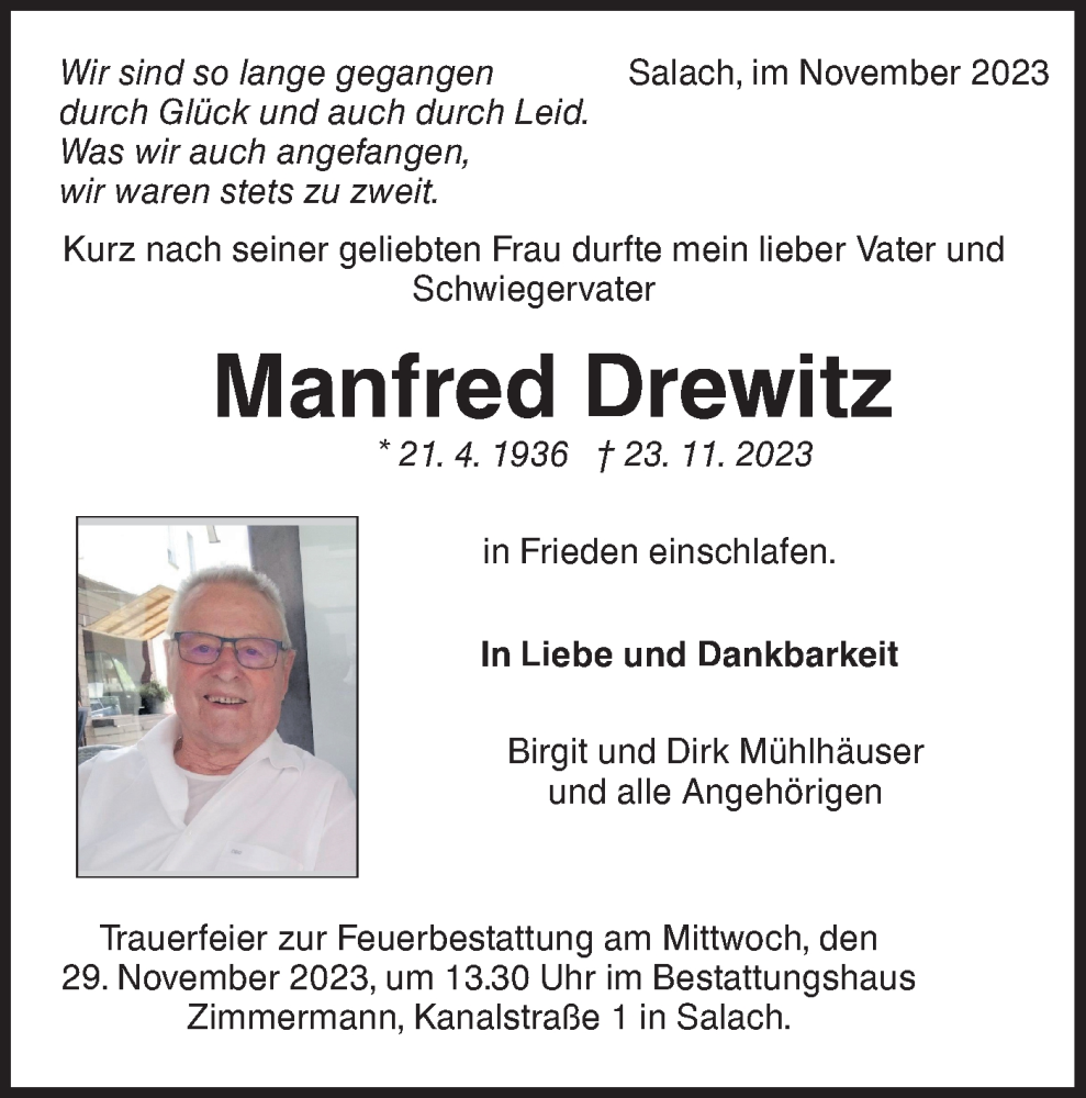  Traueranzeige für Manfred Drewitz vom 28.11.2023 aus NWZ Neue Württembergische Zeitung
