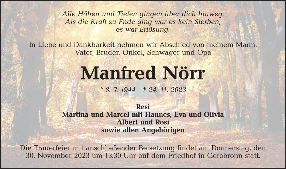  Traueranzeige für Manfred Nörr vom 28.11.2023 aus Hohenloher Tagblatt