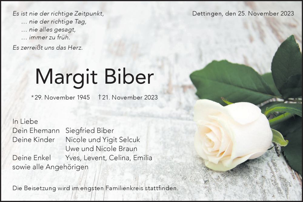  Traueranzeige für Margit Biber vom 25.11.2023 aus SÜDWEST PRESSE/SÜDWEST PRESSE