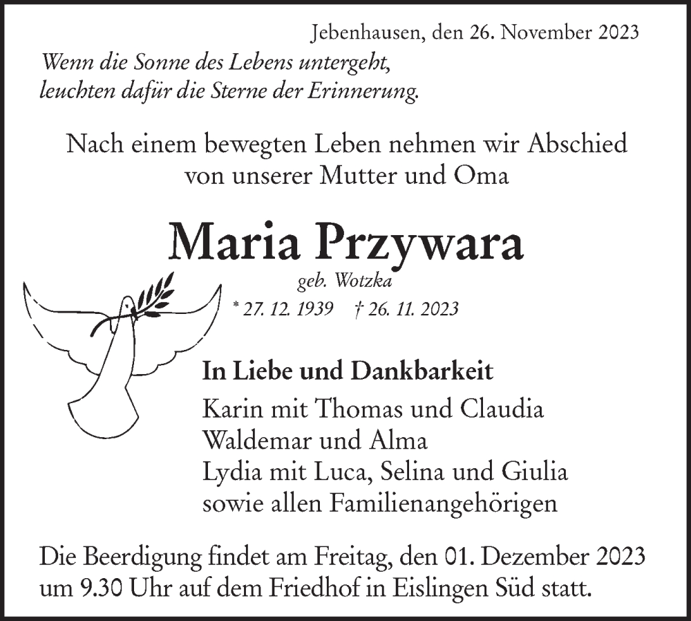  Traueranzeige für Maria Przywara vom 29.11.2023 aus NWZ Neue Württembergische Zeitung