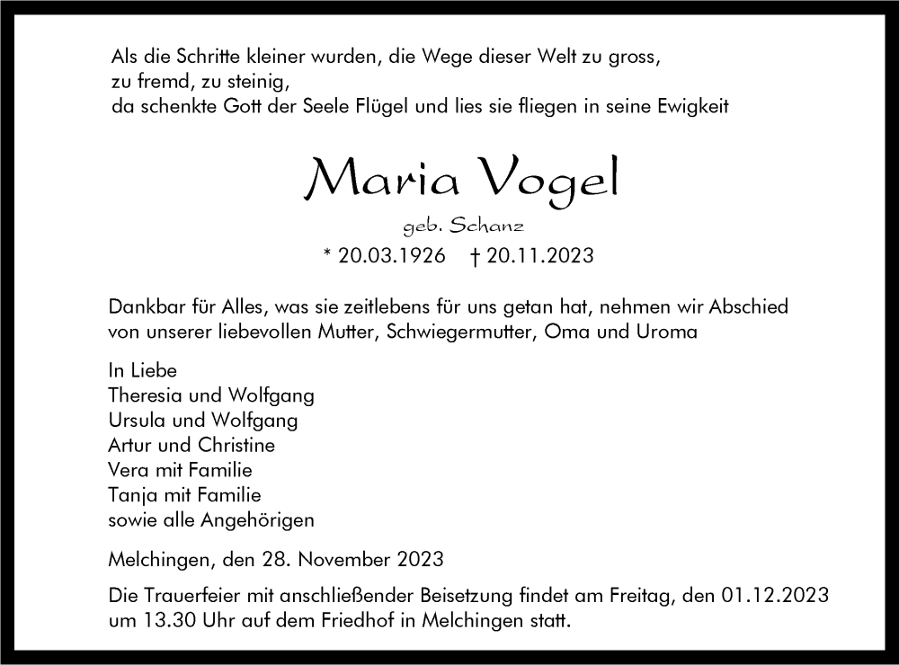  Traueranzeige für Maria Vogel vom 28.11.2023 aus Hohenzollerische Zeitung