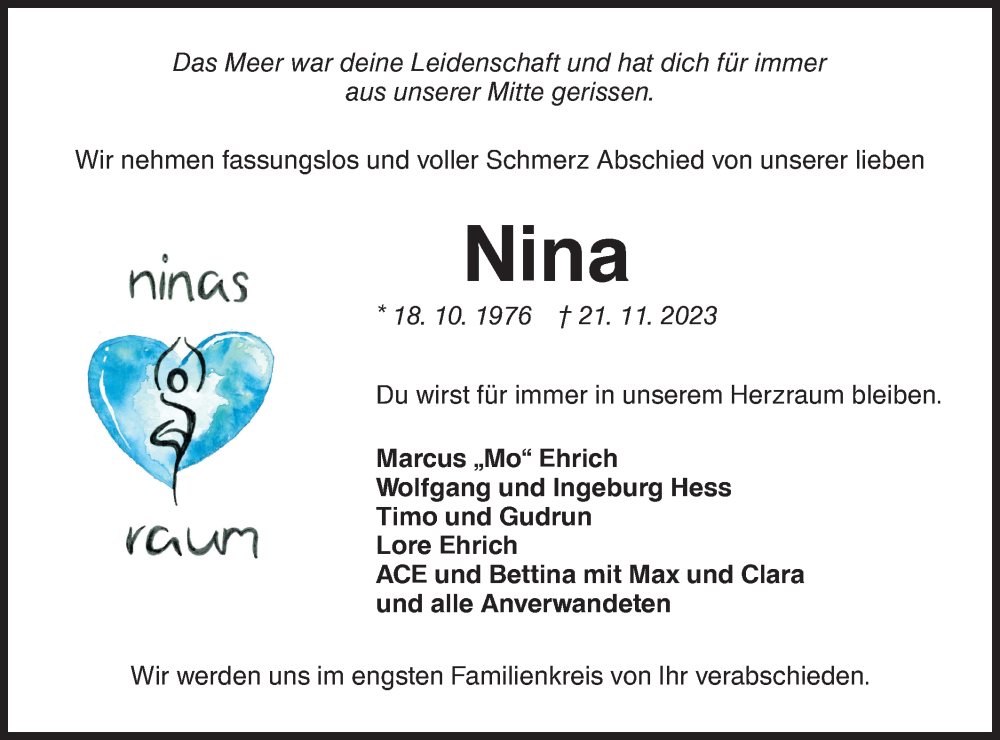  Traueranzeige für Nina  vom 25.11.2023 aus Haller Tagblatt