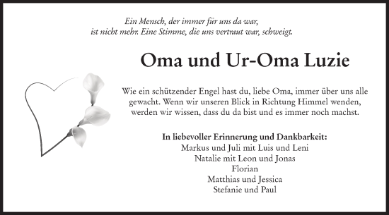 Traueranzeige von Oma Luzie  von Hohenloher Tagblatt
