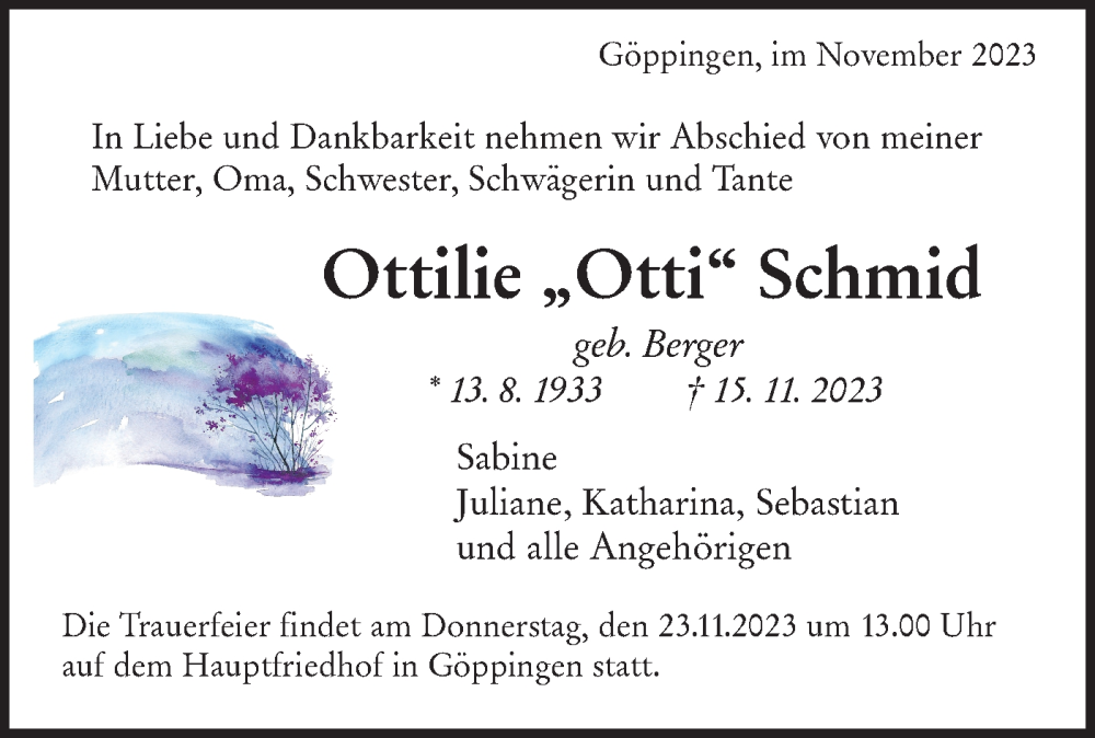  Traueranzeige für Ottilie Schmid vom 20.11.2023 aus NWZ Neue Württembergische Zeitung