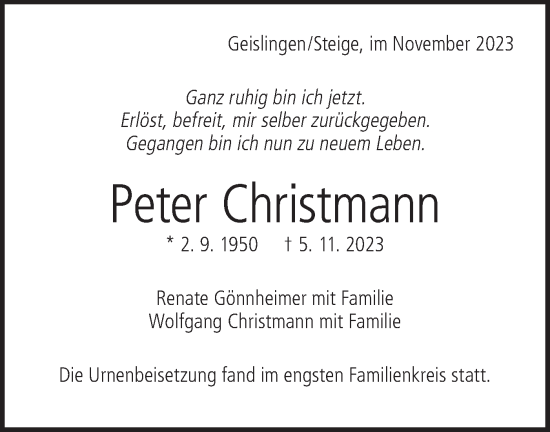 Traueranzeige von Peter Christmann von Geislinger Zeitung