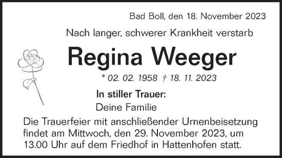 Traueranzeige von Regina Weeger von NWZ Neue Württembergische Zeitung