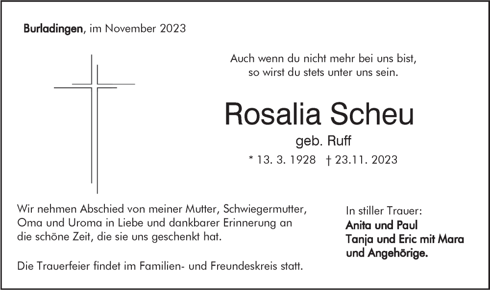  Traueranzeige für Rosalia Scheu vom 27.11.2023 aus Hohenzollerische Zeitung