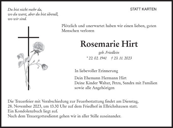 Traueranzeige von Rosemarie Hirt von Hohenloher Tagblatt