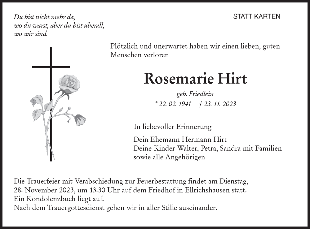  Traueranzeige für Rosemarie Hirt vom 25.11.2023 aus Hohenloher Tagblatt