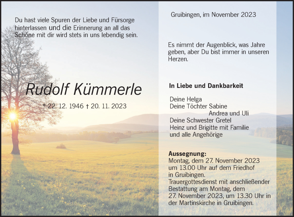  Traueranzeige für Rudolf Kümmerte vom 23.11.2023 aus NWZ Neue Württembergische Zeitung